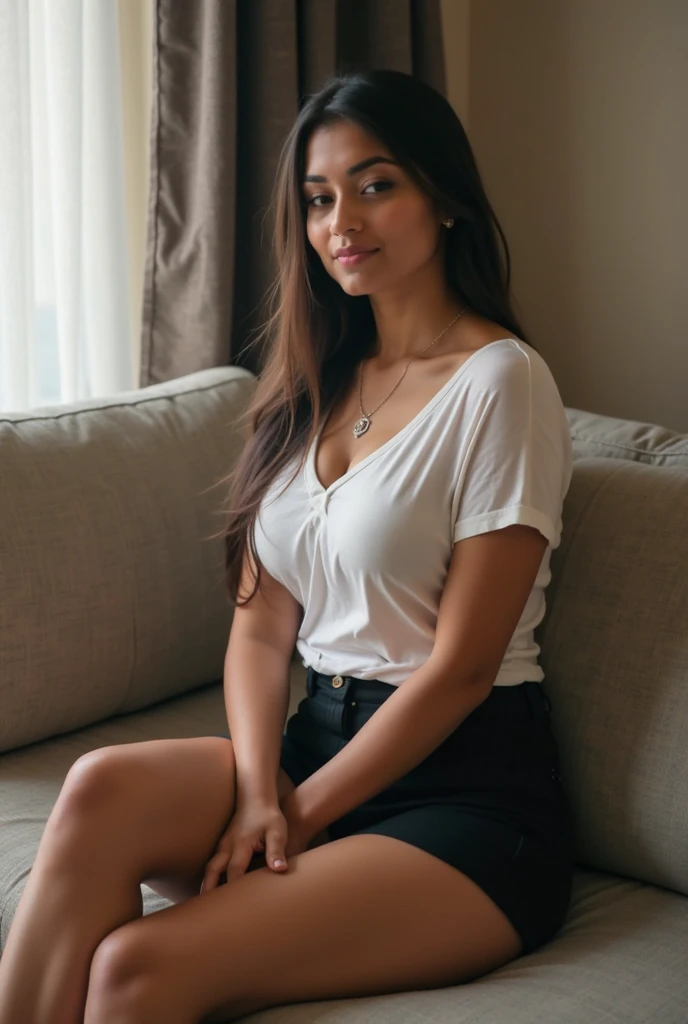 ultra-realistic photographs,Indian Instagram female model,mid 20s,9:16,mid-shot,beautiful detailed eyes,detailed lips,longeyelashes,long hair style, naturally full eyebrows,perfectly formed nose,perfectly formed full body,expressive face,attractive appearance,elegant posture,full image,graceful movement, (shirt and jeans), studio room atmosphere,studio background,soft and natural lighting,vivid colors,photorealistic,HDR,highres,natural lighting,ultra-detailed,bokeh,smile face,cleavage,(sitting on chair), looking camera, close-up
