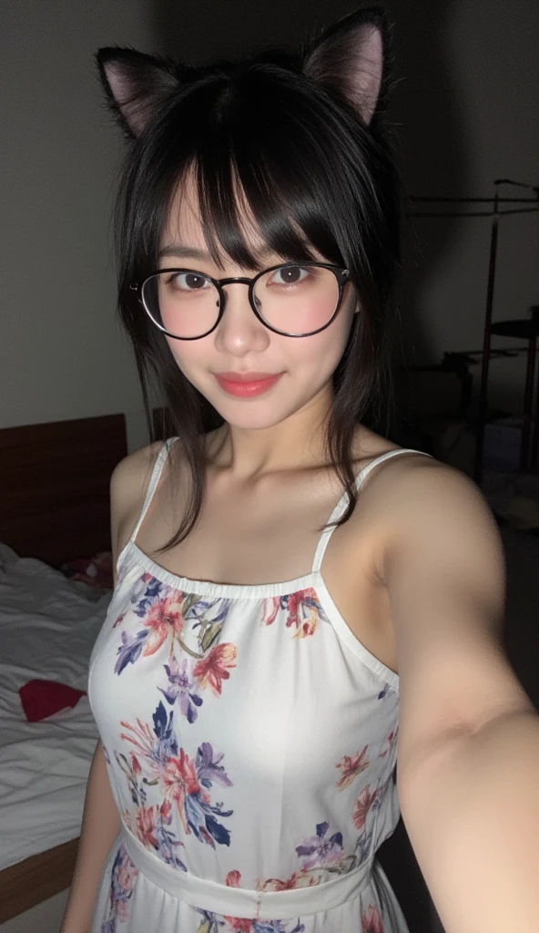 score_9, score_8_up, score_7_up, BREAK (photo-realistic:1.2),(professional photo), realistic photo,subsurface scattering, volumetric lighting, light from the front, BREAK 1 female,22years old,kawaii,((Japanese)),Japanese idol face,black very shorts bobcut hair,realistic skin texture,kawaii, perfect body, BREAK (wearing pastel Pajamas set:1.3),(tan skin,tanline),(slender body:1.2),(flat chests:1.2),no bra,(visible shadow of erect nipples:1.2),(one breast out) ,large hip, (blushing:1.3), BREAK (Night),(The night view of the high-rise buildings can be seen from the big window.),(gorgeous bedroom),(sitting),(medium shot), from head to knee shot,sweaty,(small oval Glasses:1.2),smile,(selfie:1.5),