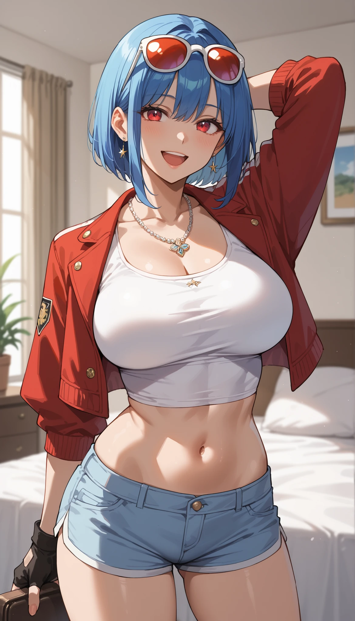 masterpiece,Highest Quality,great quality,very sophisticated,absaudress,Newest 1girl , solo, Wife Timer Prime, blue hair, double bang, eyewear on head, necklace, big breasts, white crop top,Down , red cropped jacket, fingerless gloves, Grey Low Leg Shorts,cropped shorts ,Hairy, to thigh, place your arm behind your head,open your mouth, in Kura,smile,standing with legs apart, bedroom,ys-illu,
