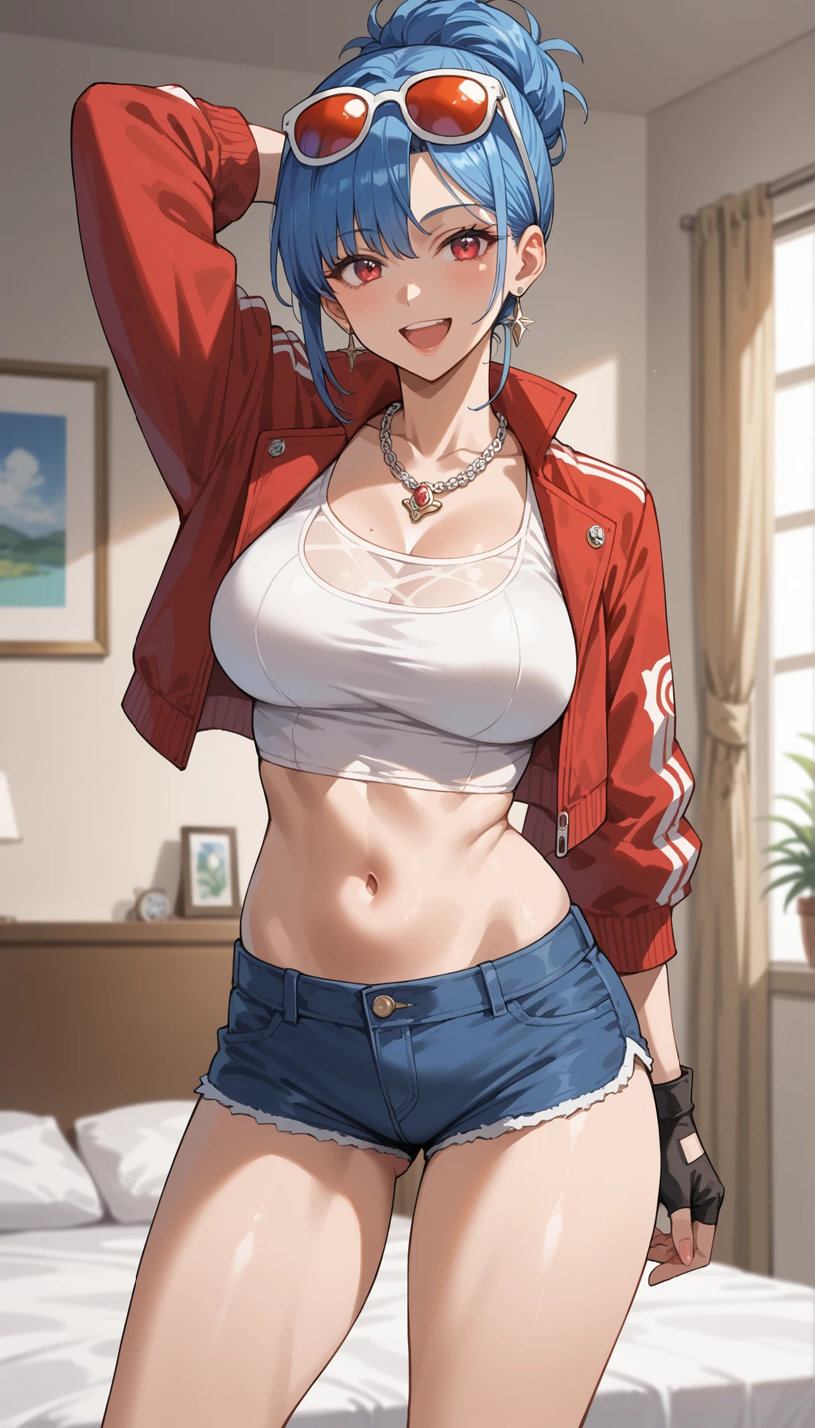 masterpiece,Highest Quality,great quality,very sophisticated,absaudress,Newest 1girl , solo, Wife Timer Prime, blue hair, double bang, eyewear on head, necklace, big breasts, white crop top,Down , red cropped jacket, fingerless gloves, Grey Low Leg Shorts,cropped shorts ,Hairy, to thigh, place your arm behind your head,open your mouth, in Kura,smile,standing with legs apart, bedroom,ys-illu,