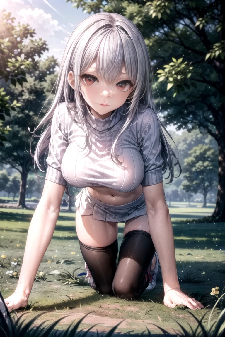 ((women Body Black)),((bare breasts,medium breasts,bare pussy)),((very long white hair, red eyes, hopeless face)),((standing, 1 arm behind the back)), in a haunted forest, at night,