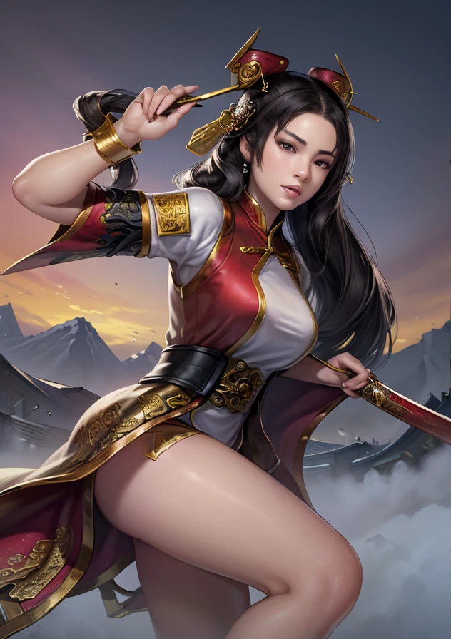 Sexy woman with long black hair,Chinese style woman,Wearing a naked,full bodyesbian,Pose from head to toe,Big breasts and big buttocks,Big breasts and fat buttocks,sword, swordsmen,Jianghu martial arts,Copper money armor