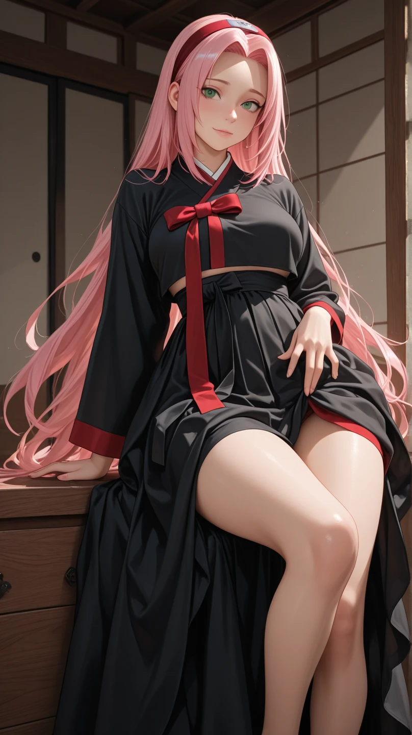 Full body girl, pregnant, cum on thighs, huge belly, cum on belly, huge breasts, cum on breasts, yellow eyes, glasses, shy, tsundere, embarrassed, pout, straight long hair, pink hair, visible belly, no bra, black panties, high heels, japanese traditional clothes, best quality