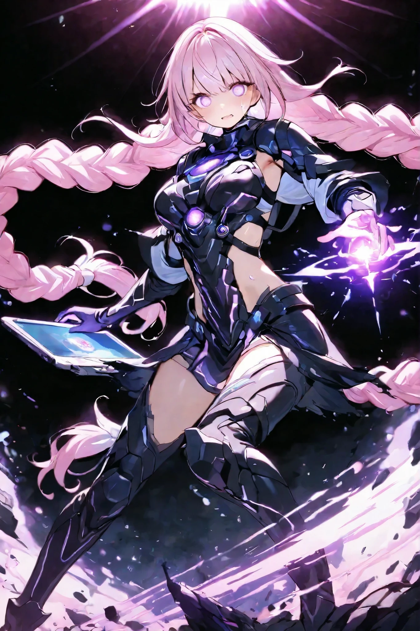 high quality　universe　Hidden Princess　 white and pink hair　White and black armor suit　holding a laptop in hand　Activation pose　Magic Activation　a barrage of light like a shooting game　Invaders Destroyed　full body　Storytelling 　Sense of Activation　Eyes Shining　shout　force