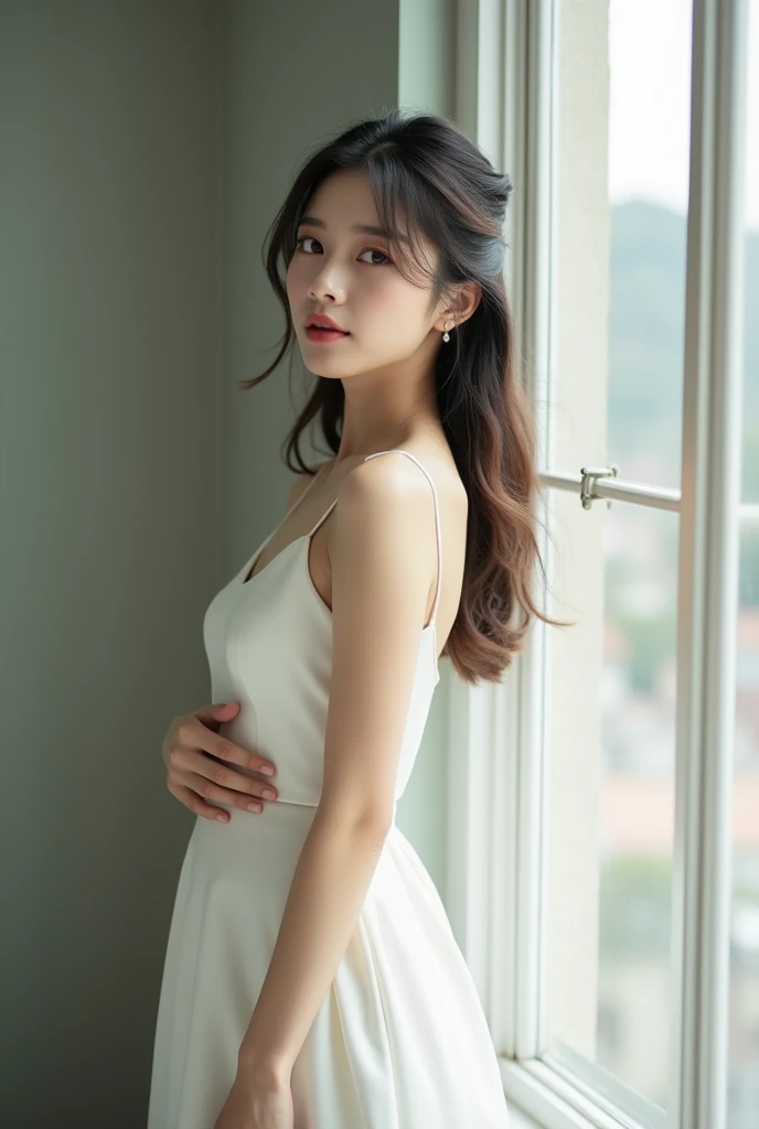True. Pinay wears a white dress with the concept of Mid-Autumn Festival. A beautiful and young Asian girl Sitting on a chair.