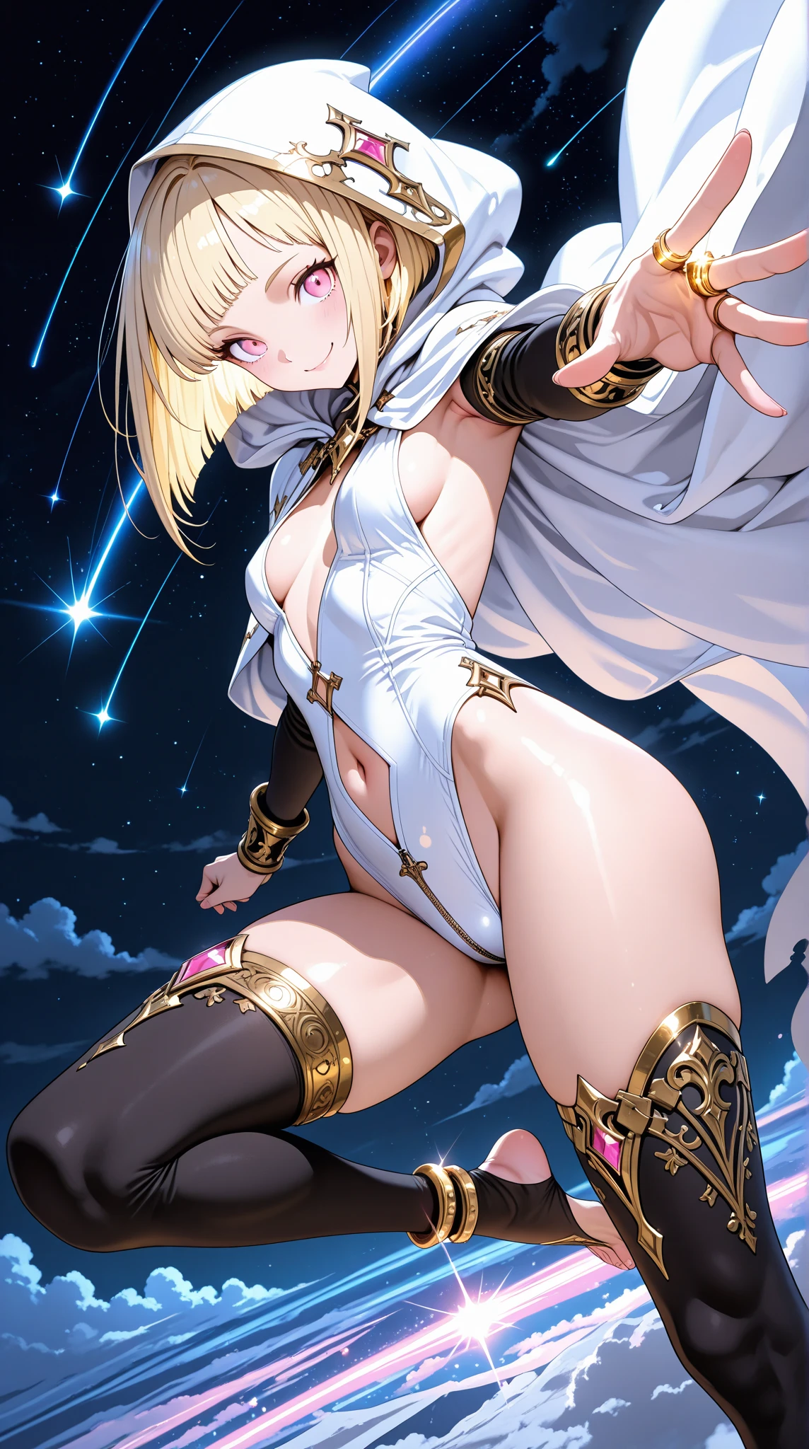 fantasy, 1angel_girl,child, loli,brown_hair, medium_bob_hair, long_bangs, halo,bare_shoulder,thighhighs,silver_armor, waist_armor, large_breasts,angry,grinning,open_mouth_teeth, 1pair_wings, dynamic_pose_fighting,floating, bare_crotch, headgear,gauntlet, greaves,city_sky_background,slightly_spread_legs, solo, groin_naked,dark_skin,