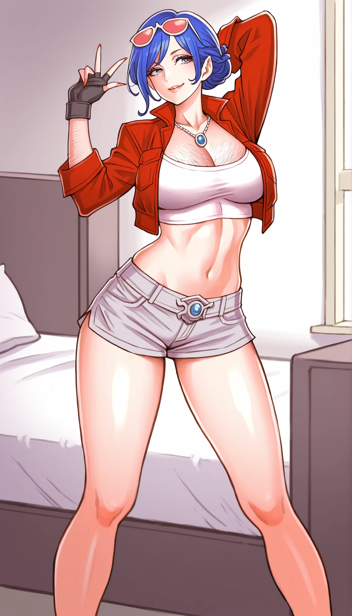 masterpiece,Highest Quality,great quality,very sophisticated,absaudress,Newest 1girl , solo, Wife Timer Prime, blue hair, double bang, eyewear on head, necklace, big breasts, white crop top,Down , red cropped jacket, fingerless gloves, Grey Low Leg Shorts,cropped shorts ,Hairy, to thigh, place your arm behind your head,open your mouth, in Kura,smile,standing with legs apart, bedroom,ys-illu,