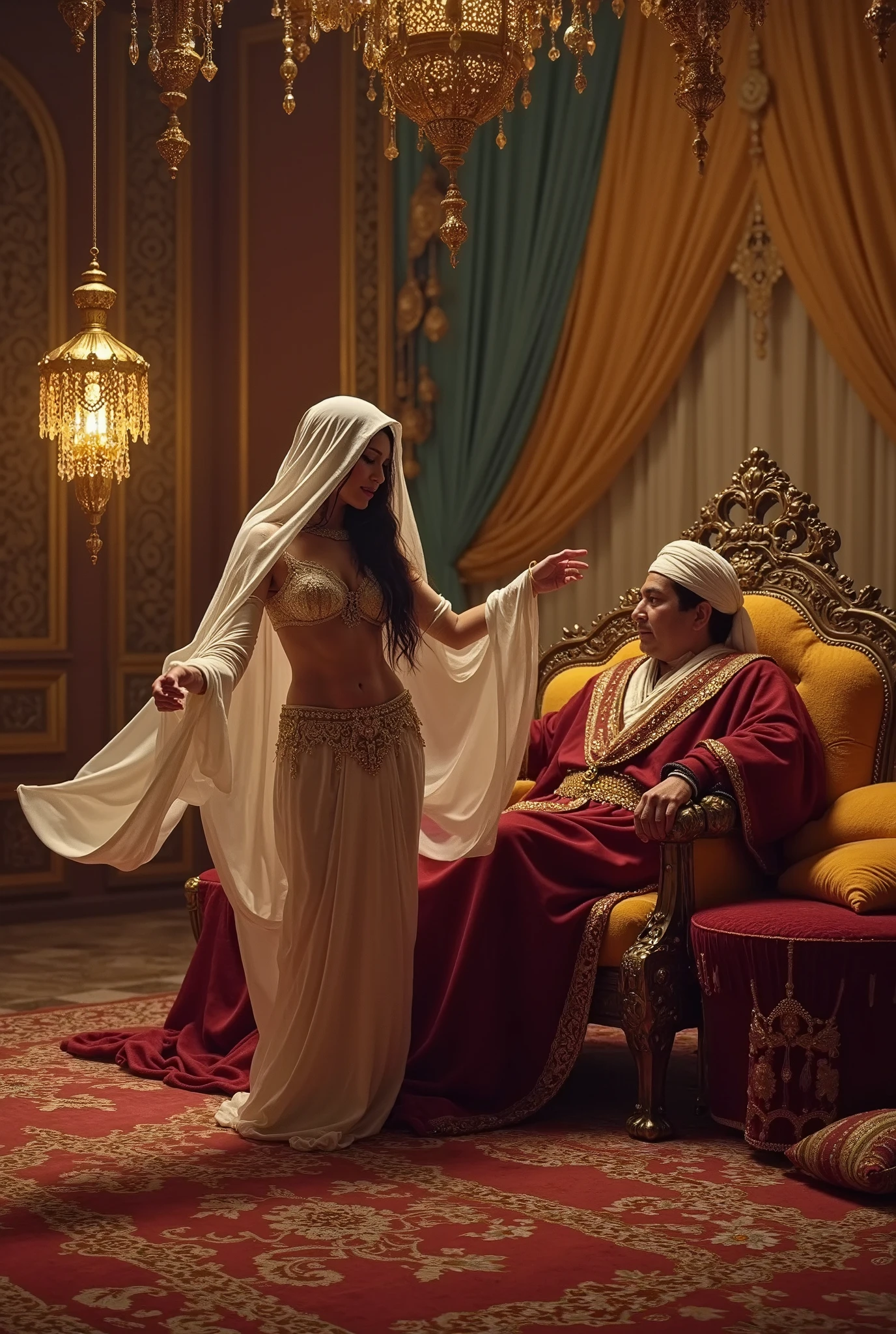 The Arab sultan's harem, sultan sits on pillows, a girl in a veil in front of him performs a belly dance, open belly