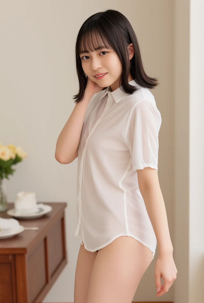 (high resolution:1.5), (masterpiece:1.5), full body, very detailed, best quality, 8k, ((1 girl)), (Cute Japanese woman), cute 24 year old beauty, slim body, (medium breasts:1.5), detailed face, Beautiful and elegant face, cute face, (Round face:1.4), thin lips, natural bangs, arched eyebrows, well-groomed eyebrows, (big eyes with a good balance between the left and right sides), cute eyes, beautiful eyes, beautiful thin nose, beautiful face line, (beautiful skin), medium Hair, Brunette hair, black hair, (natural bangs), slim face, slim figure, (looking at the camera with a Gentle smile), beautiful legs, smooth skin skin, slim and beautiful thighs, fair skin, Beautiful breasts, (Slender and slim body:1.5), (Slim waist:1.5), (slim hips:1.5), ((slim Butt:1.5)), I-type Valley, cleavage, (legs apart:1.2), (Natural Light:0.8), (lighting forward:0.8), (lighting front:0.8), (Flat lighting:0.8), Gentle smile, Detailed fingers, beautiful hands, Knees on the beach, kneeling pose, Open both legs, bangs, ((see-through shirt:1.5)), bangs, sexy Thong, Sexy lace panties, ((Naked with see-through Shirt:1.5)), (Beautiful nipples:1.5), (Shower room, dressing room, restroom),