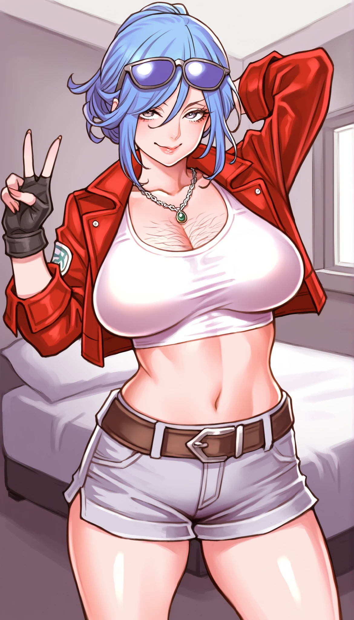 masterpiece,Highest Quality,great quality,very sophisticated,absaudress,Newest 1girl , solo, Wife Timer Prime, blue hair, double bang, eyewear on head, necklace, big breasts, white crop top,Down , red cropped jacket, fingerless gloves, Grey Low Leg Shorts,cropped shorts ,Hairy, to thigh, place your arm behind your head,open your mouth, in Kura,smile,standing with legs apart, bedroom,ys-illu,