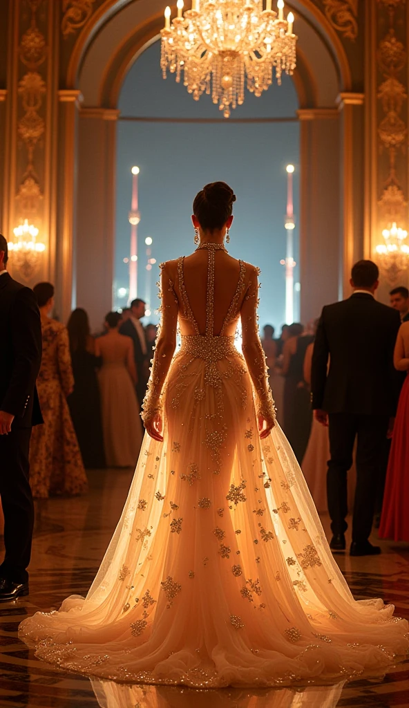 Une somptueuse soirée de gala dans un grand hall orné de lustres en cristal, elegant gilding and large windows overlooking an illuminated city. Une personne charismatique entre dans la salle, vêtue d’une tenue à l’esthétique ultime : une robe ou un costume haute couture aux lignes futuristes et sophistiquées, decorated with iridescent details, de broderies fines et de bijoux éclatants. The light from the chandeliers is reflected on the luxurious fabric, creating an almost supernatural aura around her. The guests turn around, dazzled, while the scene evokes both timeless elegance and artistic audacity.