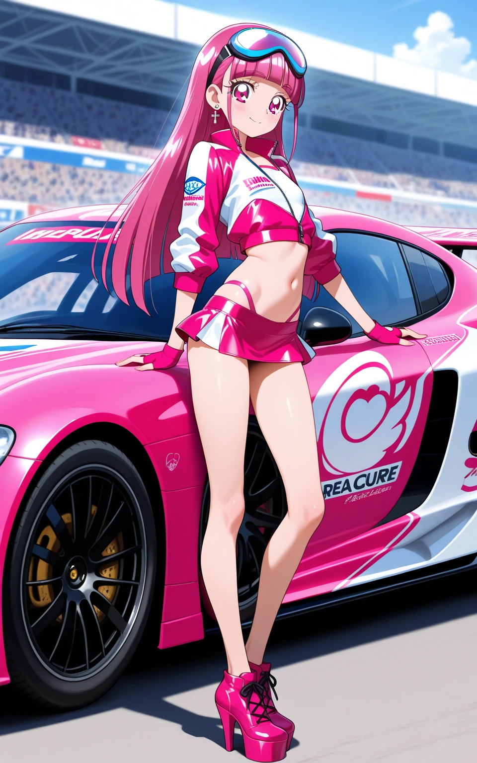 (8k, Mesa, Best Quality, Official Art, beautiful lighting, The best masterpiece in history that pushes limits, Beautiful detailed), (1 girl, Alone), (sixteen years), (Beautiful detailed face), (bright white skin), (Beautiful big bust, neckline:1.3), (Thighs, legs, belly button:1.3), (Beautiful detailed pink twin tails hair, hits:1.3), (Beautiful detailed drooping pink eyes:1.5), (race queen uniform, short length fitted shirt, Pastel Pink Short Length Bodycon Skirt:1.3), (long boots:1.3), (happy smile:1.2), (attractive, sensational, Look at the camera, Linda pose, standing), Impressive scenography, (beautiful racing car circuit, realistic and ultra detailed, sports car, blue sky:1.2),
