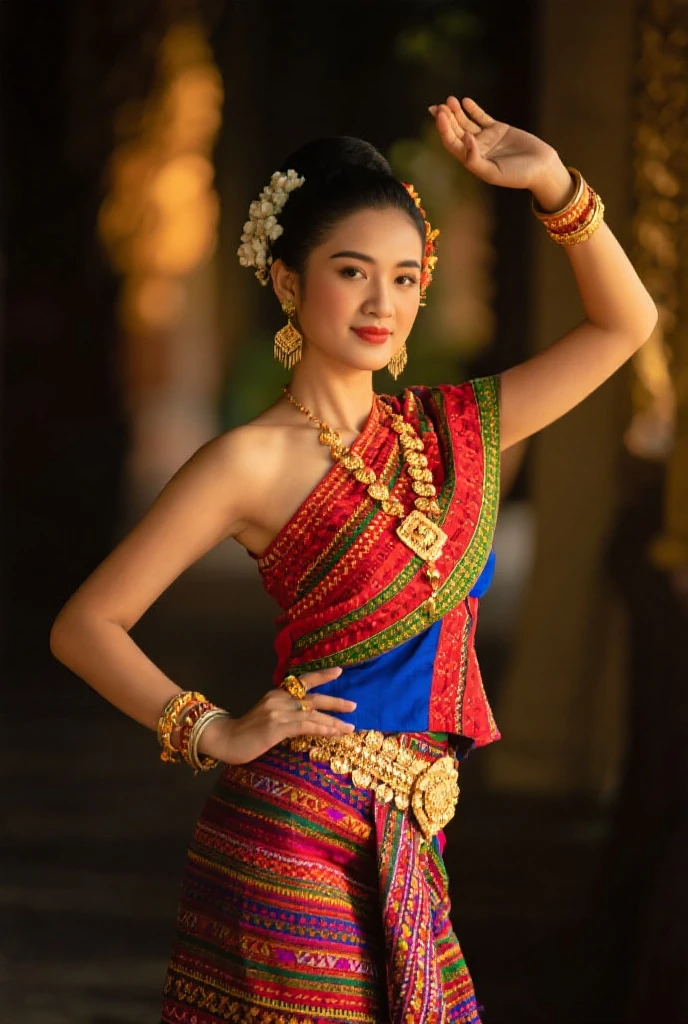 arafed woman wearing a black camisole embroidered with gold and red thread, underneath wearing a sarong made of brown batik cloth, a belt, a long red shawl hanging around her neck and a crown, dancing, traditional beauty, traditional West Javanese clothes, traditional costumes, traditional arts, dance gracefully