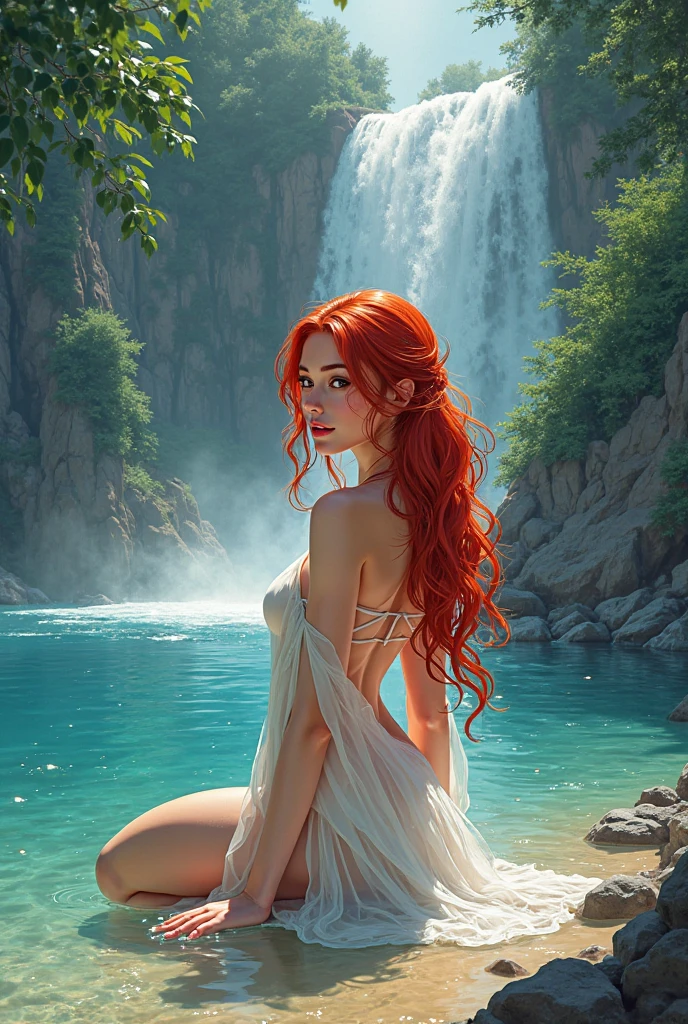 fantasy art, photorealistic, D&D art, a picture of a female monk sitting and meditating near a waterfall, at the base of the waterfall,  there is a human woman monk wearing monk garbs, meditating near a bonfire near an (epic sized waterfall: 1.3), red hair, long hair, full body (best details, Masterpiece, best quality :1.5), ultra detailed face (best details, Masterpiece, best quality :1.5), ultra feminine (best details, Masterpiece, best quality :1.5), exquisite beautiful (best details, Masterpiece, best quality :1.5) red hair, long hair, wavy hair, pale skin, blue eyes, intense eyes, water coming down from a volcanic cliff, multi level water falls, several pools created in different levels, forming new waterfalls, water cascading into a (large lava pool: 1.3) steam rising, clear water in many hues of blue and azure falling, ultra best realistic, best details, best quality, 16k, [ultra detailed], masterpiece, best quality, (extremely detailed), ultra wide shot, photorealism, depth of field, hyper realistic painting, magv1ll