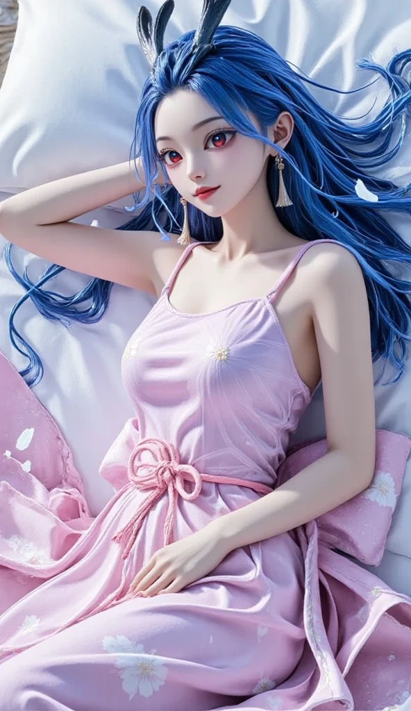 cococola,school uniform,serafuku,blue shirt,blue pleated skirt,((Girl lying in bed))、A beautiful and moving woman, in an elegant pose, her full breasts on display.,Visible cleavage,Sexy long legs,Variety of slim and cute beauties, Her long hair cascades down her shoulders like a waterfall。She smiles radiantly,Eyes sparkle,Her skin is flawless。Her curves are highlighted。Sparkle in the light,The colors are soft,Perhaps in shades of light pink or lavender。She lay confidently,One hand on hip,Her posture is both graceful and strong。She wears elegant high heels,Goes well with her outfit。In the warm golden sun。The overall atmosphere of the image is tranquil and uplifting,Emphasizing natural beauty and elegance, Studio Lighting,Bright colors, Sweet maiden, sweet smile, make up,shy,Blush,Parted lips,Heavy breathing,moan,Surrealism,Realism,Movie Lighting,Relief,Sony FE GM,Retina,masterpiece,precise,Anatomically correct,Textured Skin,Super Detail,High Detail,best quality,rich and colorful