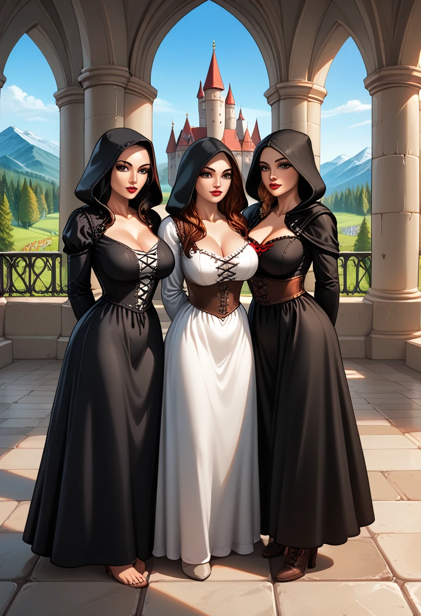 three sorceresses, see-through robe, lesbian