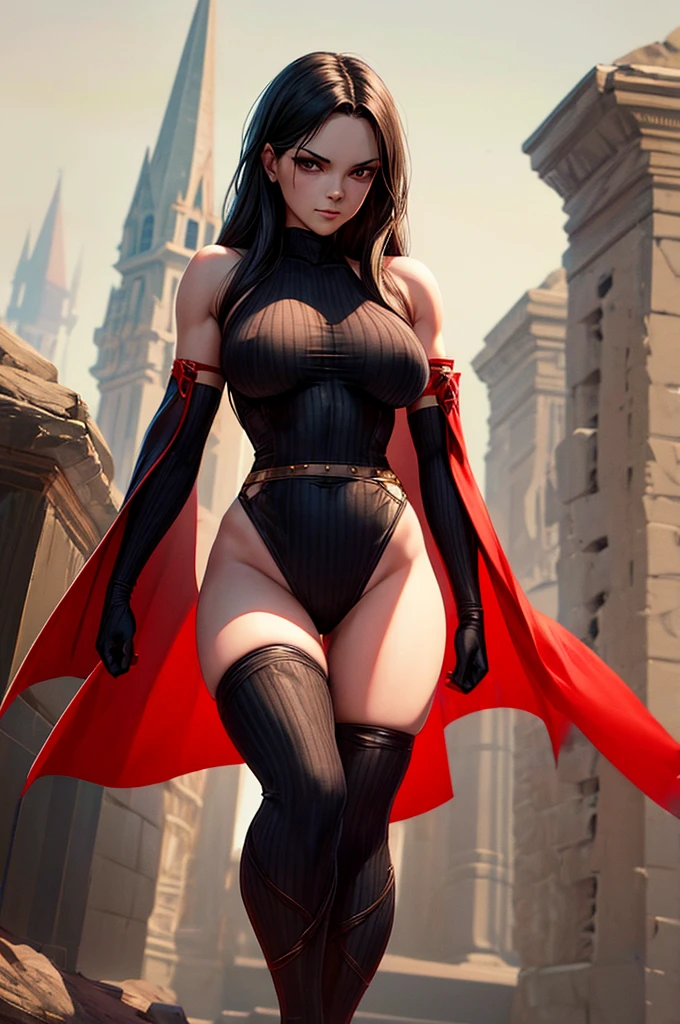 medieval setting, full view of body, 1 skinny female with large breast, beatiful smokey green eyes, black hair pinned up, shoulder free beautiful dress, red scarf around her neck, black silk gloves, eerie sunset