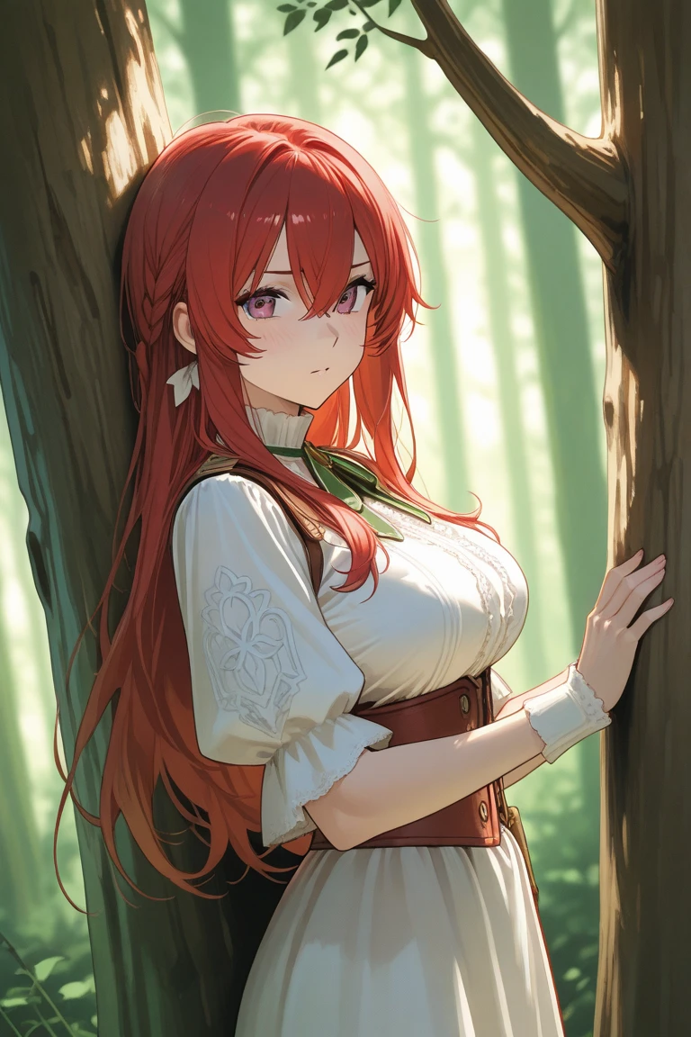 best quality, 1girl, long hair, red hair, green eyes, princess, off shoulder dress, pink dress, large breasts, hall,