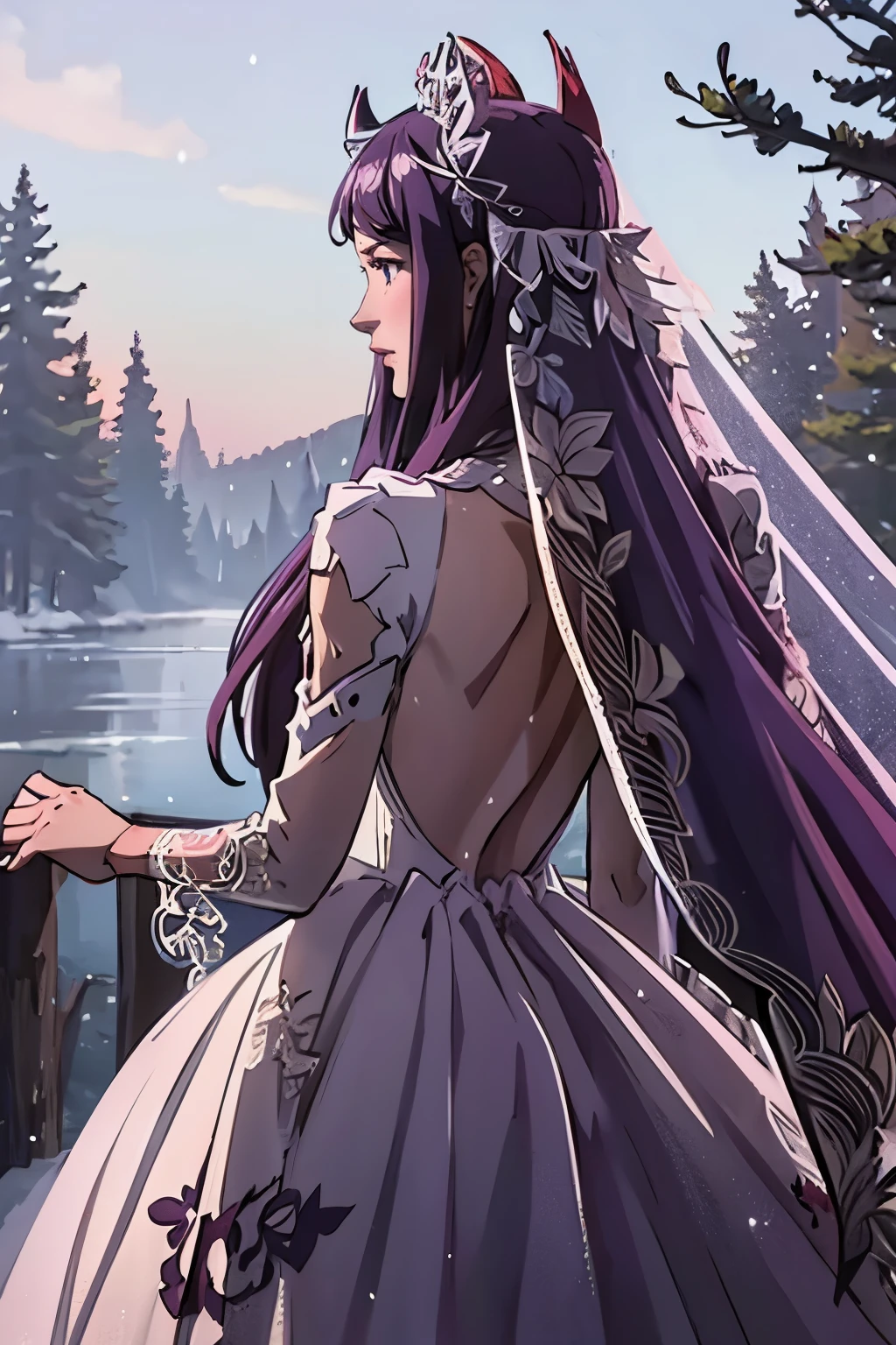 masterpiece, best quality, 1girls, purple eyes, black long hair, skirt, small breast, mountain, <lora:miki-v2+v3:0.5>, purple eyes, long white dress, white dress, angry