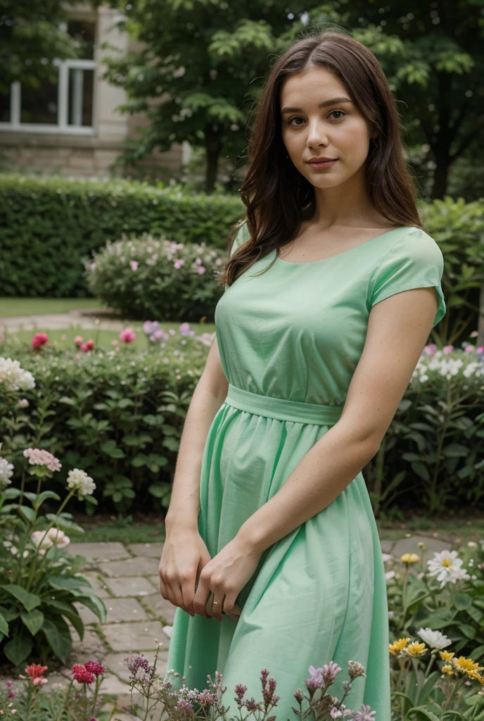 (best quality,ultra HD,realistic:1.2),pretty woman, green frock, thighs, smirking, relaxed environment, in a tulip garden, sunny day, distant shot, ultra-detailed ,vivid colors