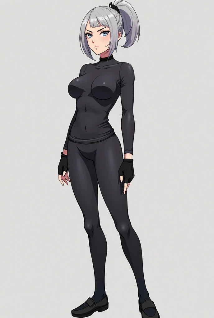 digital anime art, highly detailed, reference sheet, standing pose, feminine features, mature woman, adult female, buxom figure, whole body, bald, form-fitting, zipper pulled down to chest, catsuit, heels, 1woman, solo, upper body, lower body, ((Extremely Detailed)), ((Best Quality)), ((Masterpiece)), ((4k)).