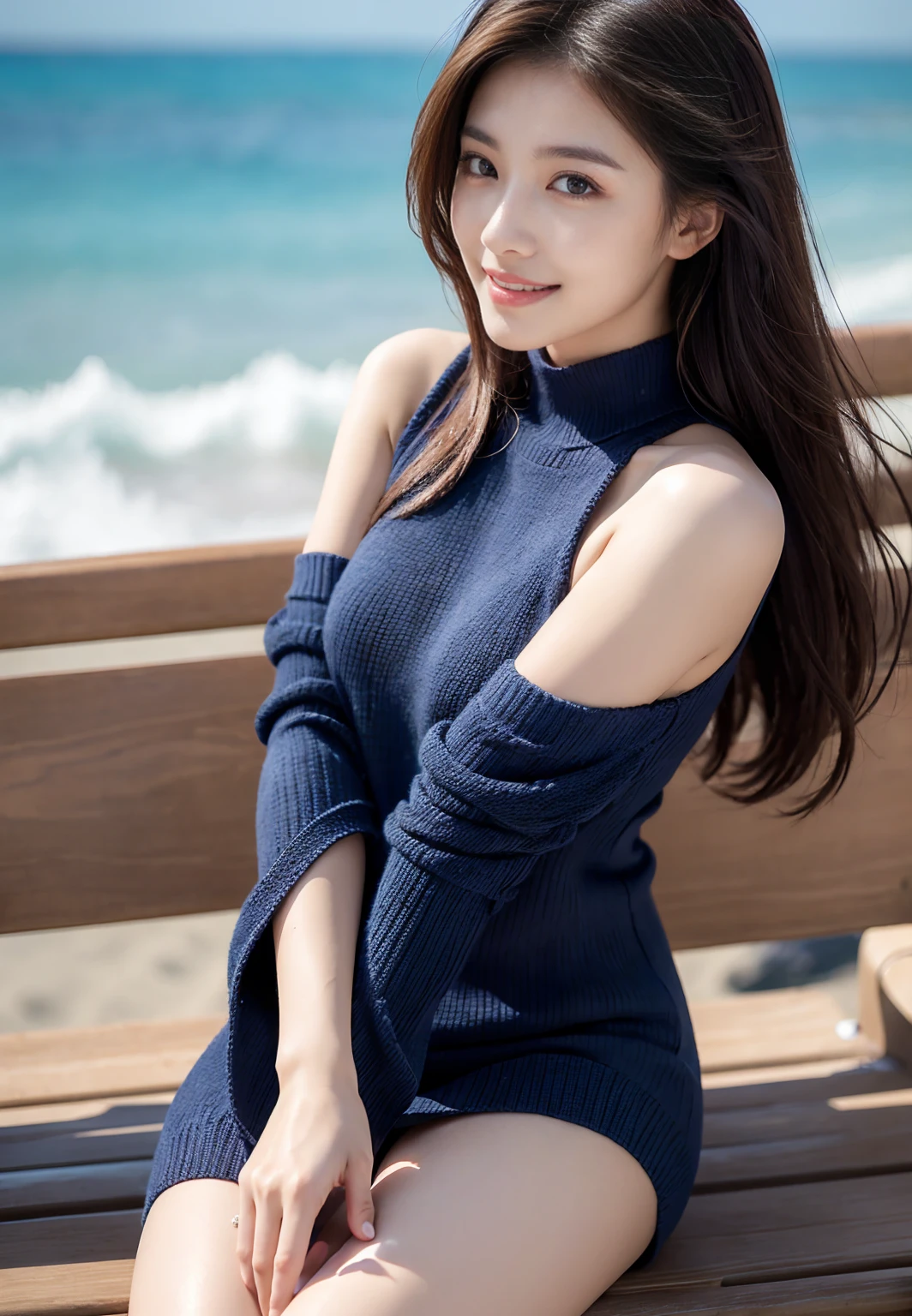 masutepiece, Best Quality, Illustration, Ultra-detailed, finely detail, hight resolution, 8K Wallpaper, Perfect dynamic composition, Beautiful detailed eyes, stylish long sleeve dress,Straight hair,Small breasts natural color lip, Randomly sexy poses,Smile、20 years girl、Cute、Sexy shot looking at camera,Perfect and beautiful face、walk on the beach