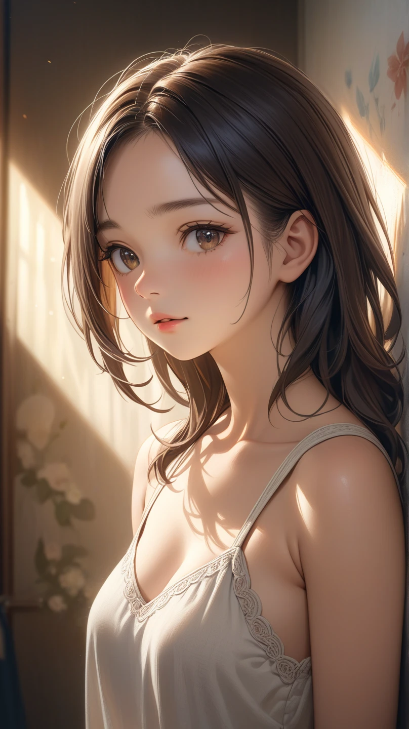 extreme close-up,1girl,(ultra detailed skin),curvy,,beautiful breasts,(large breasts),pale skin,pointy breasts,erect nipples,(fantasy art,Highest image quality,Hyperrealist portrait,(8k),ultra-realistic,best quality, high quality, high definition, high quality texture,high detail,beautiful detailed,fine detailed,extremely detailed cg,detailed texture,a realistic representation of the face,masterpiece,Sense of presence,Dynamic,bold),ponytail,(ultra thin hair),(ultra soft hair),(ultra straight hair:1.5),Swept long bangs,extra light coppery amber hair,hair over one eye,clothed,