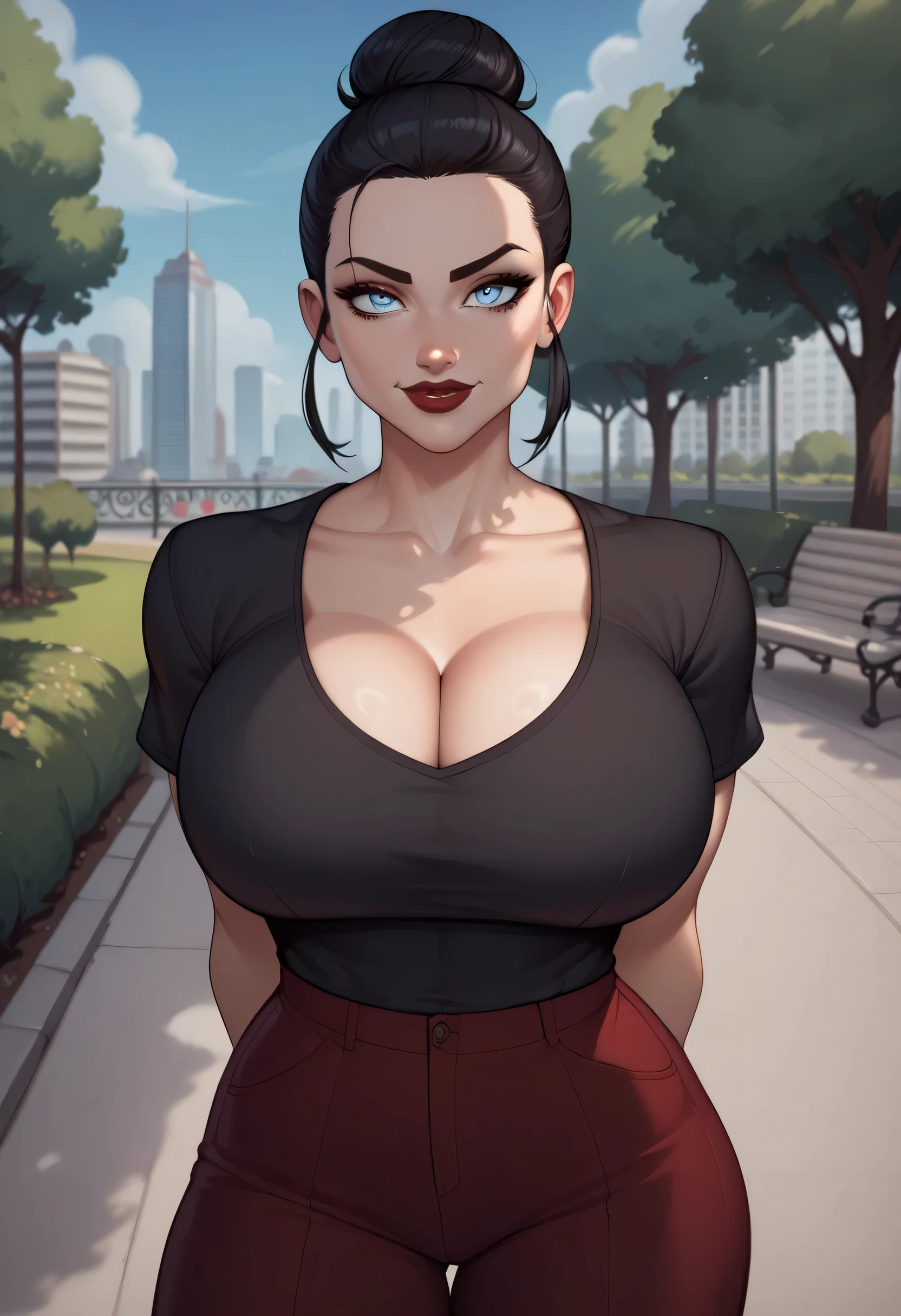 (Perfect Face, Perfect Body), Black Hair, (Top Knot Hair Bun), (Forehead), Black Thin Eyebrows, Light Blue Eyes, Nose, Lips, Dark Red Lips, Big Smile, Collarbone, (Huge Breasts, Perfect Breasts), (Black Stripled Sleeved Shirt), Arms Behind Back, (Looking At Viewer), (Park City, Beautiful City)