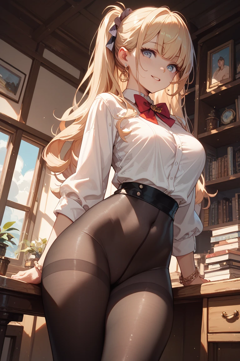 (highest quality:1.4)、High resolution、detailed background)、anatomically correct、attractive ass、 A close-up from a low angle highlighting the buttocks、Super close-up shot from directly below、Beautiful girl looking back、Sexy sheer high leg panties、Ultra-detailed panty seams、cameltoe、See-through uniform、classroom