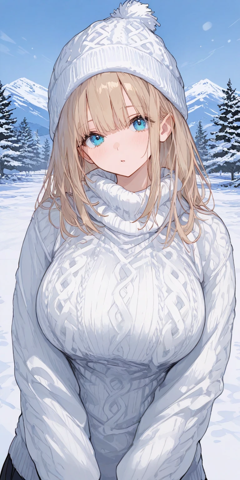 Girl with huge breasts in lace cleavage in the snow