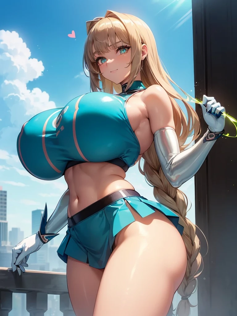 (((masterpiece))), (((best quality))), ((ultra-detailed)), (illustration), ((an extremely delicate and beautiful)), ((super detail)), ((high resolution)), (((20 years old))), ((metallic cloth)), (grid girl), (super heroine), (android), delicate metal decorations, gleaming skin, shiny body, two legs, breast focus, (((tall))), slender legs, ((big round eyes)), cute eyes, drooping eyes, ((adult)), two hands, five fingers, no extra hands, elegant smile, braid, ((metallic blue)), (see-through), (dark blonde), (((ultra-huge breasts))), (shining brightly), outdoor, mini skirt, daytime, ((biopunk)), (hair shorter than shoulder), (medium length hair), gynoid, (slimy shining competition swimsuit), city, ((midriff-baring outfit)),