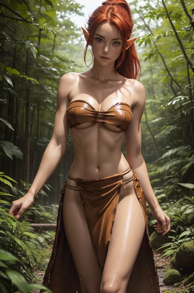 ((best quality)), ((masterpiece)),((detailed)), elf, woman with red hair & ponytail, redhair, green pupils, focus on face, eighteen years old, sexy, sensual, long legs, athletic body, well-toned body, skinny body, fullbody, large breasts, open neckline, skinny thighs, slim, medium hair, long eyelashes, elf ears, blushing girl, blushing face, furry brown slit loincloth, no panties, no bra, (((topless))), sweat on body, wet body, walking in forest, smiling face