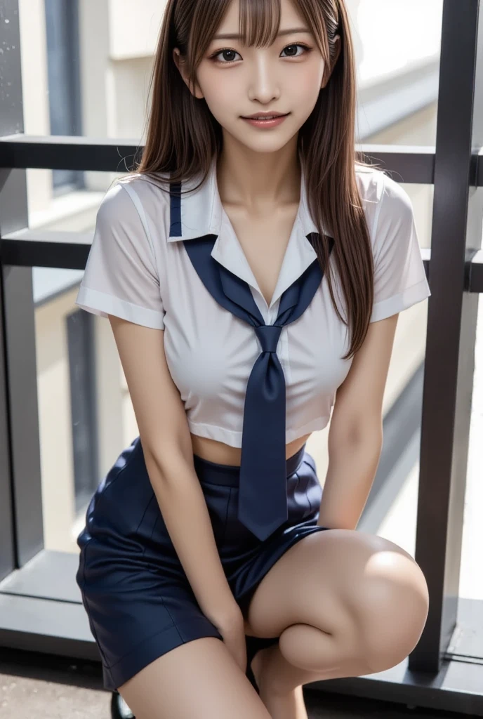 Korean school uniform, summer school uniform shirt, ribbon tie, Korean student skirt, school classroom, school stairs, chest lifting pose, 8K RAW photo, high resolution, cool Korean at 17 years old, very big round breasts, beautiful eyes in detail, long eyelashes, beautiful double eyelids, eyeshadow, eyeliner, slender eyes, elongated eye shape, Sanpaku eyes, evil smile, evil look, very small ass, beautiful very thin legs, beautiful very thin thighs, random short hair, hair tied behind the head, earrings, bright blonde,