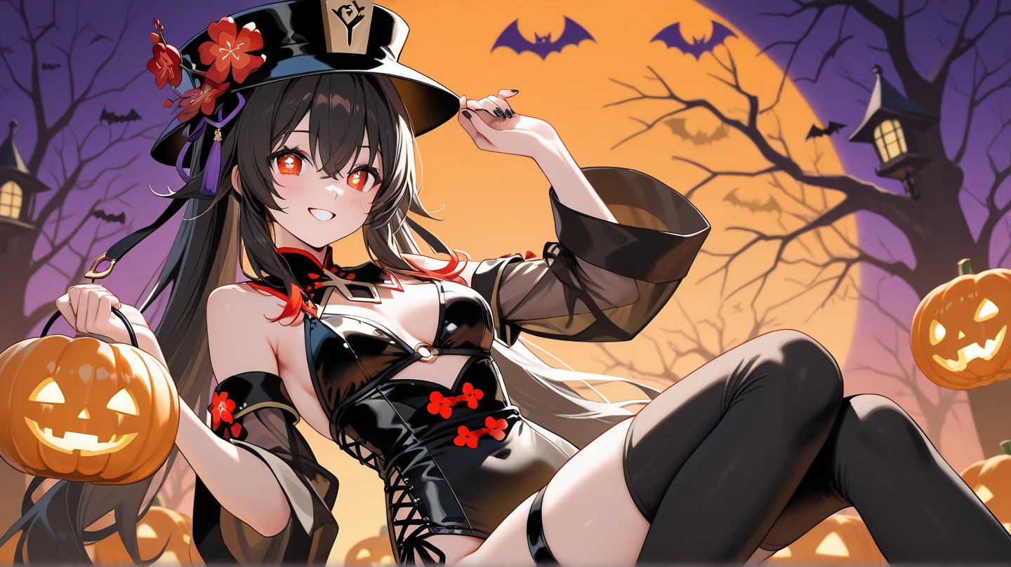 Halloween witch, wearing a evil mask, scary pumpkin face, voluptuous body, in black lingerie dress,
