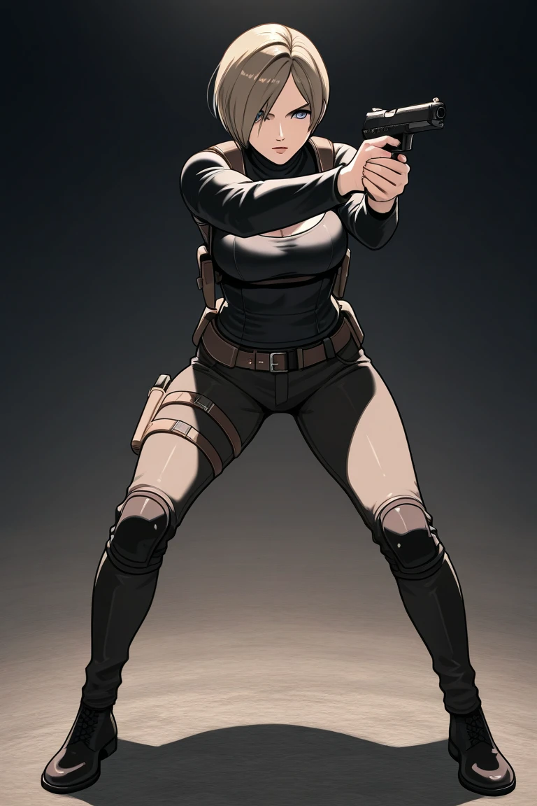 1. Posture 1.1 Foot Position Description: A female shooter in a shooting position, Profile. Feet are shoulder-width apart, at a slight angle to the target. The floor can be indicated with a line or a simple pattern to show the solid base..
detaileds: Show a stable and aligned base, with a guideline to indicate shoulder width.
holding a pistol