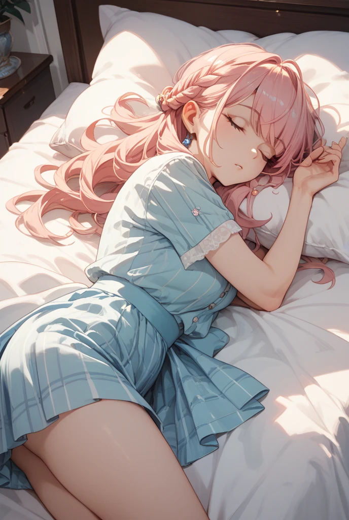 Girl about 3 years old、Kindergarteners、、、One girl、White futon、White blanket、Pink Hair、Close your eyes、sleep、Deep sleep、Braid、Pink pajamas、Short sleeve、Short trousers、Thin thighs、Short limbs