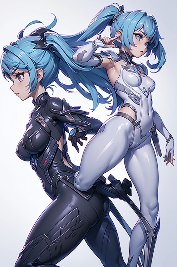 (Tabletop), (Perfect athletic body:1.2), Anime Style, whole body, Cyberpunk Girl, Sea green twin hairstyle with red eyes, Wearing a Cyber Costume, Black and Purple Flaming Fist, Burnt mechanical limbs, Standing in the Wilderness, Flame burning in the chest, White Background, whole body,