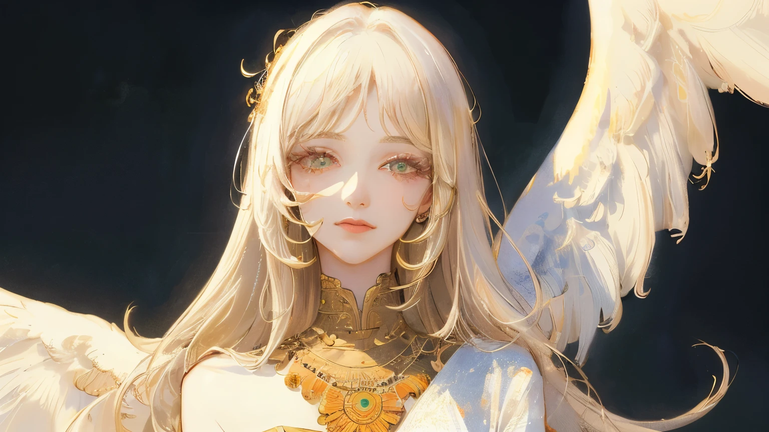 masterpiece, best quality, ultra-detailed, illustration, close-up, straight on, face focus, 1girl, white hair, golden eyes, long hair, halo, angel wings, serene expression, looking at viewer <lora:arcaneStyleLora_offset:1>