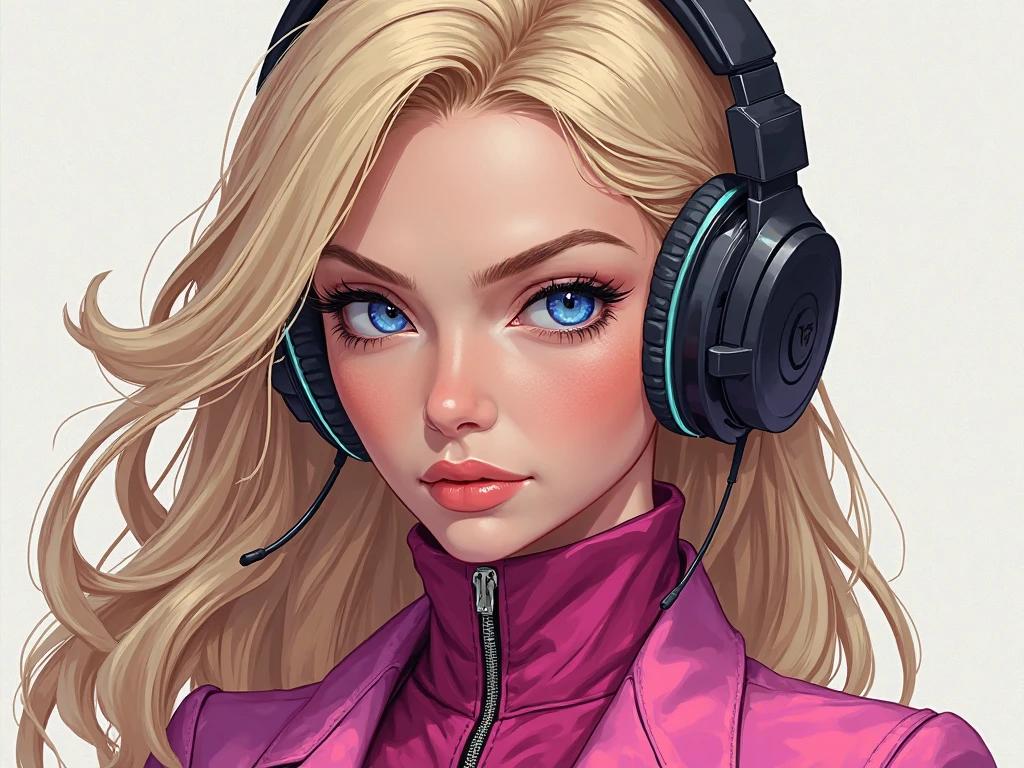 blonde gamer girl leaning into the camera, photo from front above, red hoodie, large white gamer headphones, large breasts, skintight white top:1.2, cleavage, pink bra:1.2, looking at viewer, soft colors, cinematic lighting, perfect anatomy