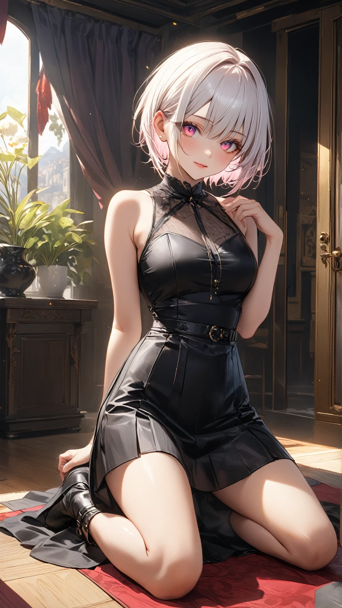 best quality, ultra high res, black choker, cute, (Kpop idol), (aegyo sal:1), (platinum blonde hair:1), ((puffy eyes)), looking at viewer, full body, facing back, sitting on top of a cat