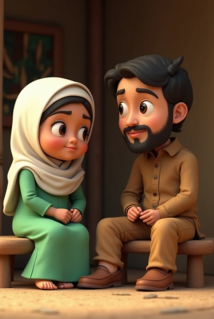 a happy father, a woman with hijab, a young boy, and a young girl sitting in the park, Pixar style