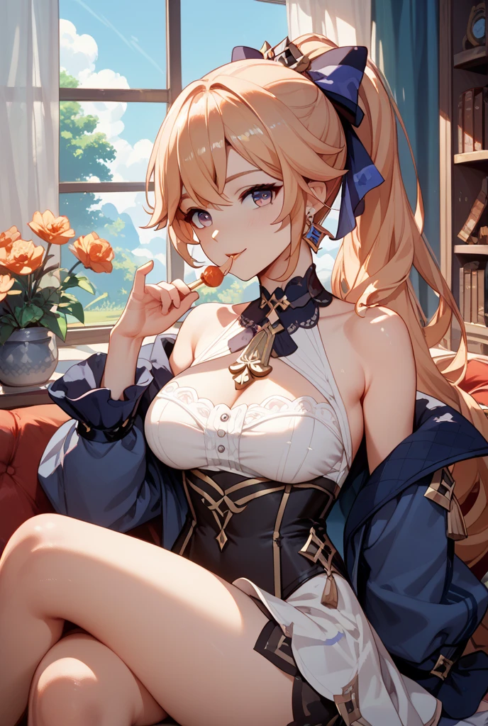(greatest masterpiece, ultimate quality, ultra-detailed, movie lighting),1girl, solo, super fine illustration, highly detailed, delicate, Resna from Atelier Resleriana game, relaxing happily on sofa in her alchemy workshop, wearing stylish outfit, sunlight shining through windows lighting up all the vials and instruments, intricate details on decor, warm and cozy atmosphere, masterpiece vivid fantasy painting