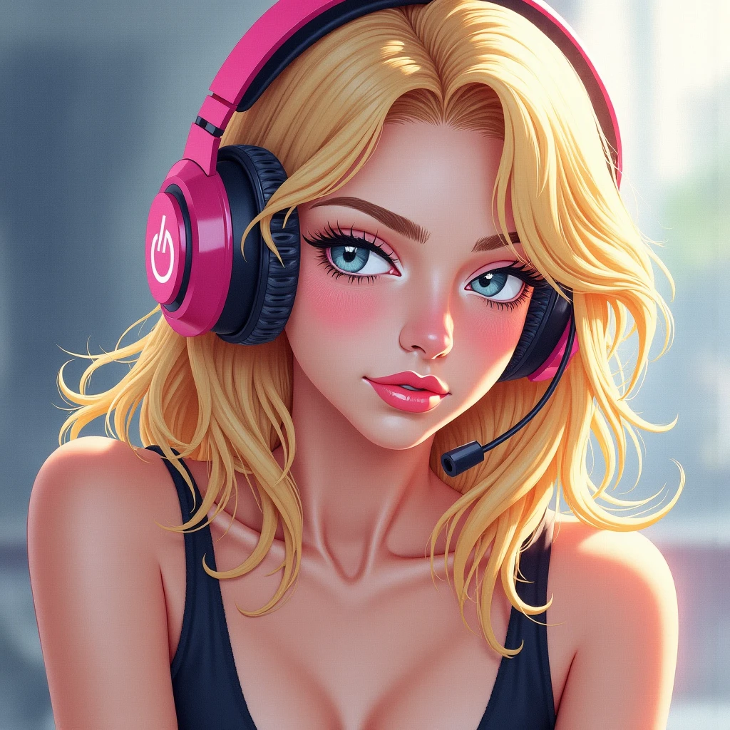 blonde gamer girl leaning into the camera, photo from front above, red hoodie, large white gamer headphones, medium breasts, skintight white top:1.2, cleavage, pink bra:1.2, looking at viewer, soft colors, cinematic lighting, perfect anatomy:1.2, round breasts:1.2, well-organized, neat:1.2, perfect proportions,