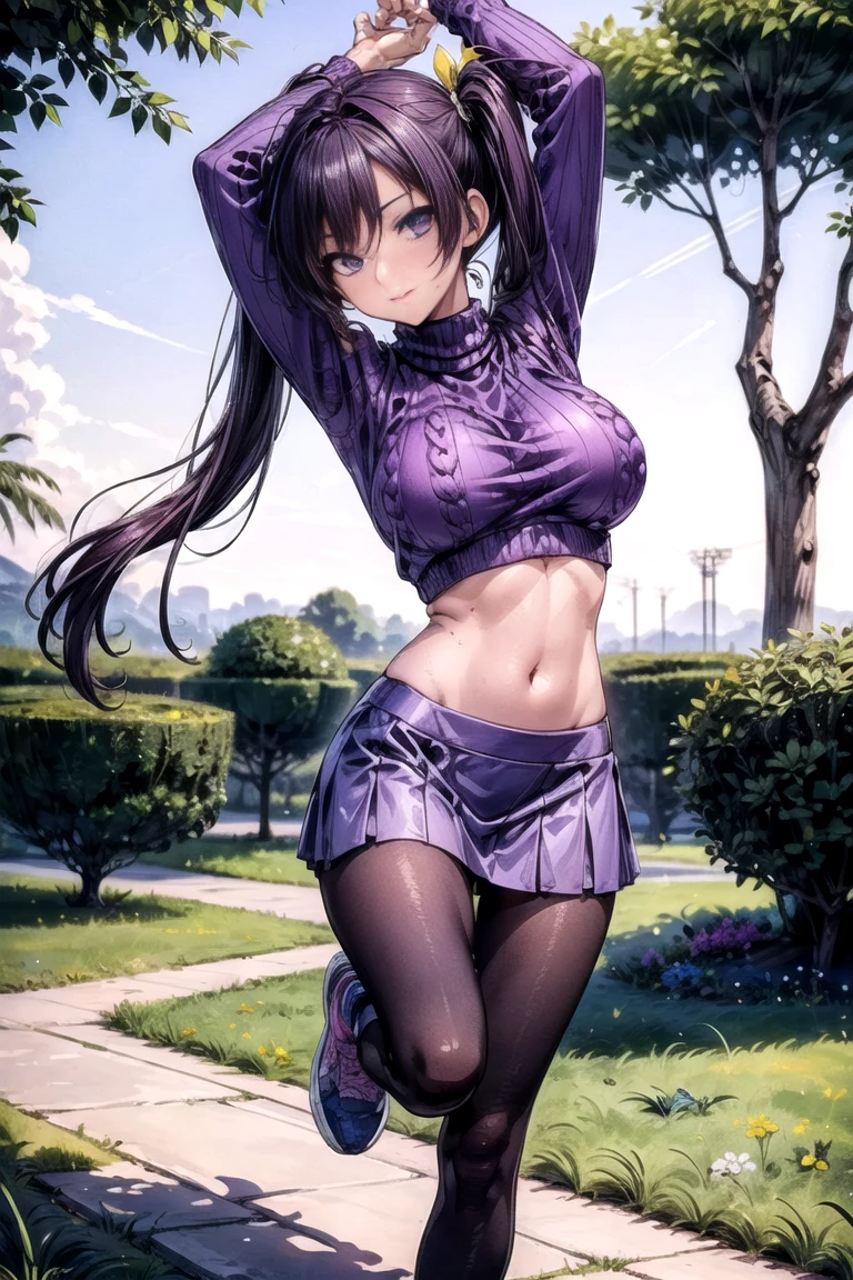1girl, solo, full body, summer, village, trees, sun, clouds, colorful hair, curly hair, ponytail, large breasts, button down, dark blue eyes, ((purple shirt)), ((unbuttoned shirt)), ((short sleeved shirt)), cleavage 1:3, black skirt, brown shoes, grin, looking at the viewer, standing, hair ribbon