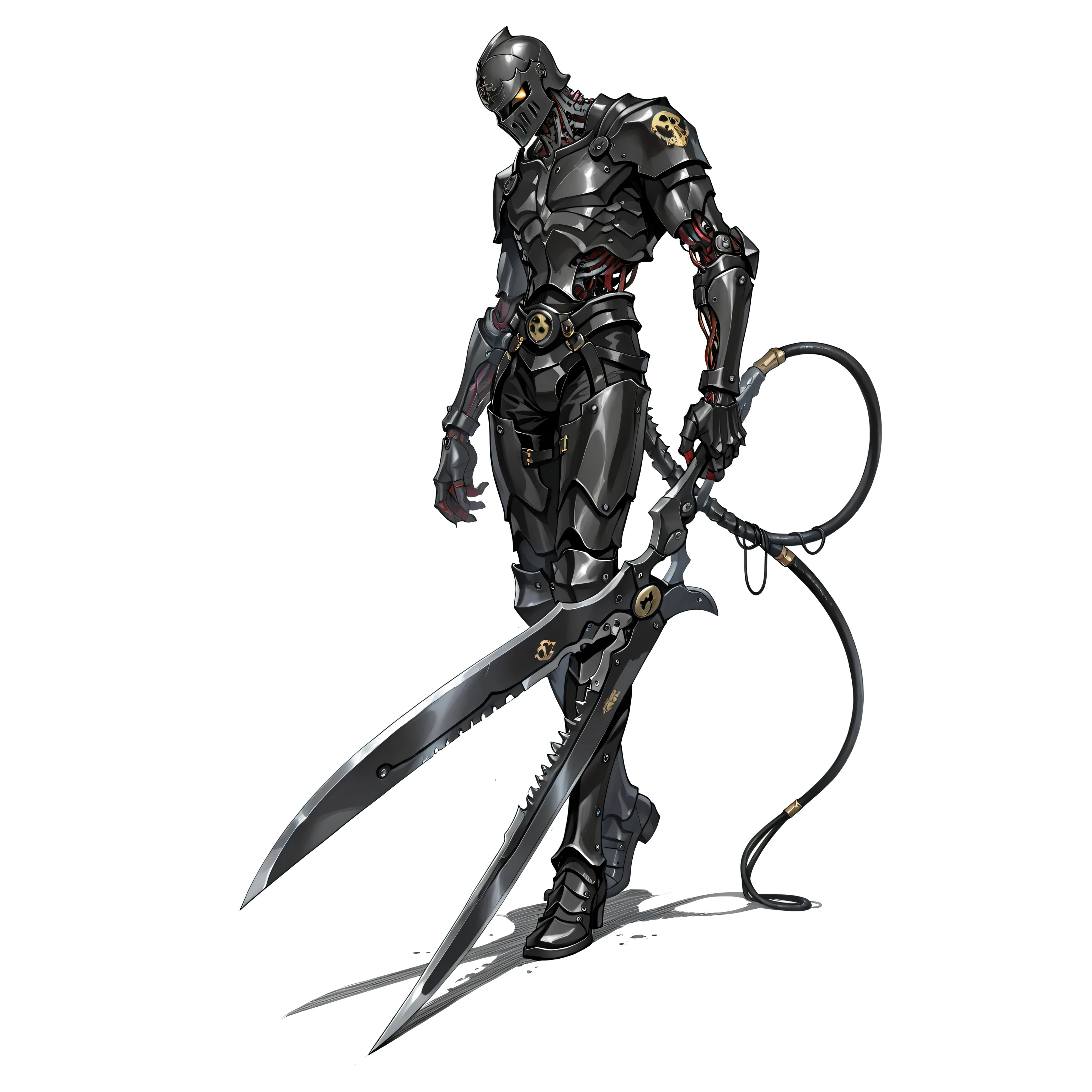 masterpiece, best quality, highly detailed, dark fantasy, anime style, semi-realistic, full body, front view, 8k resolution. A male knight in tight black gothic armor with iron maiden-style helmet, standing in a contorted pose, twisted spine, tilted shoulders, and head leaning. He drags an enormous pair of scissors on the ground, the blades are oversized and exaggerated in scale, almost as tall as his body. Mechanical blade-like tail, no heels, bare feet or armored boots. Strong shadows, hard lighting, clean white background, disturbing and ominous presence, inspired by Berserk, Guilty Gear, and dark anime. Cyberware, cybernetic lines, exposed mechanics, cable,cyborg, mechanical parts, robot joints