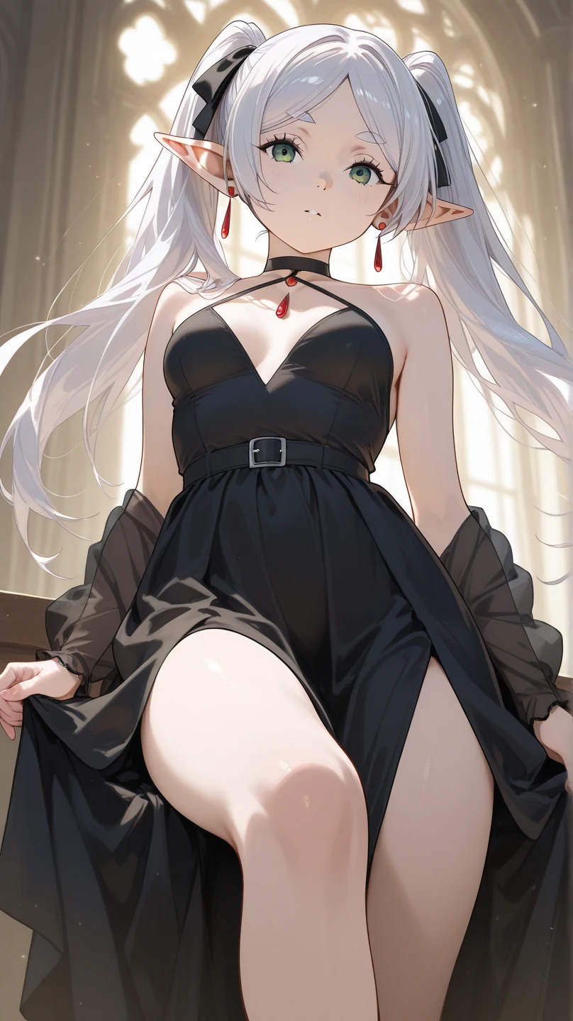 anime girl in dark dresses standing by a door, in the style of devilcore, white and red, 8k, dignified poses, gigantic scale, mischievous feline motif, oshare kei