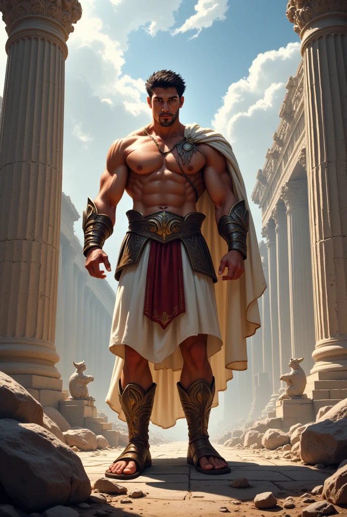 Mighty gladiator, chest uncovered, lower body revealed from thighs to feet, cascading long curls, detailed muscular physique, lifelike depiction, 4K resolution. Background: Colosseum during a spectacular sunset,32k uhd, best quality, masterpiece, super detail, high details