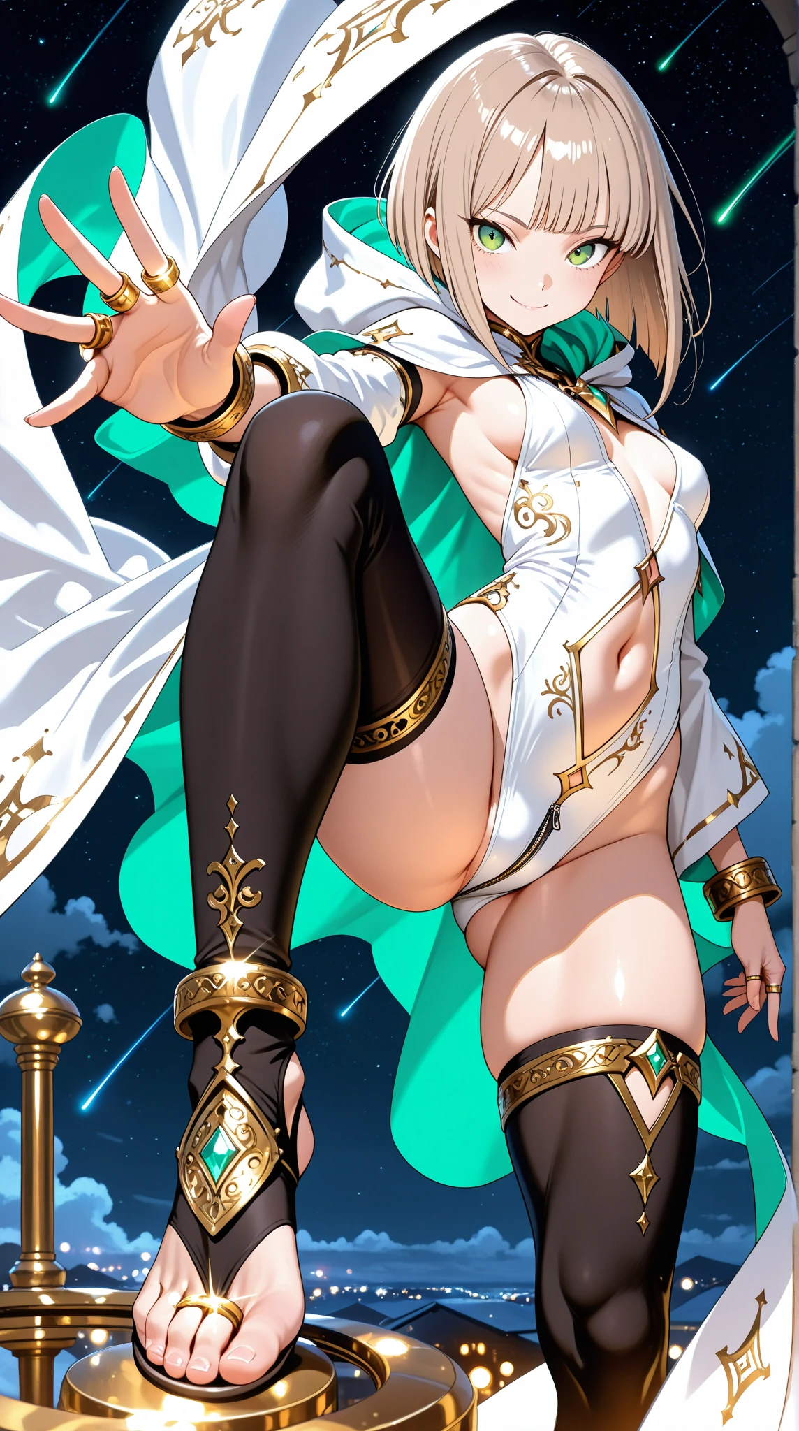 (((Leg spread)))、Cape、(((Golden tattoo)))、(((naked)))、(((pubic hair)))、Female organ、Beautiful beauty、(((short blonde)))、((whole body))、(((Photo taken from below)))、Night Sky、The background is a forest at night