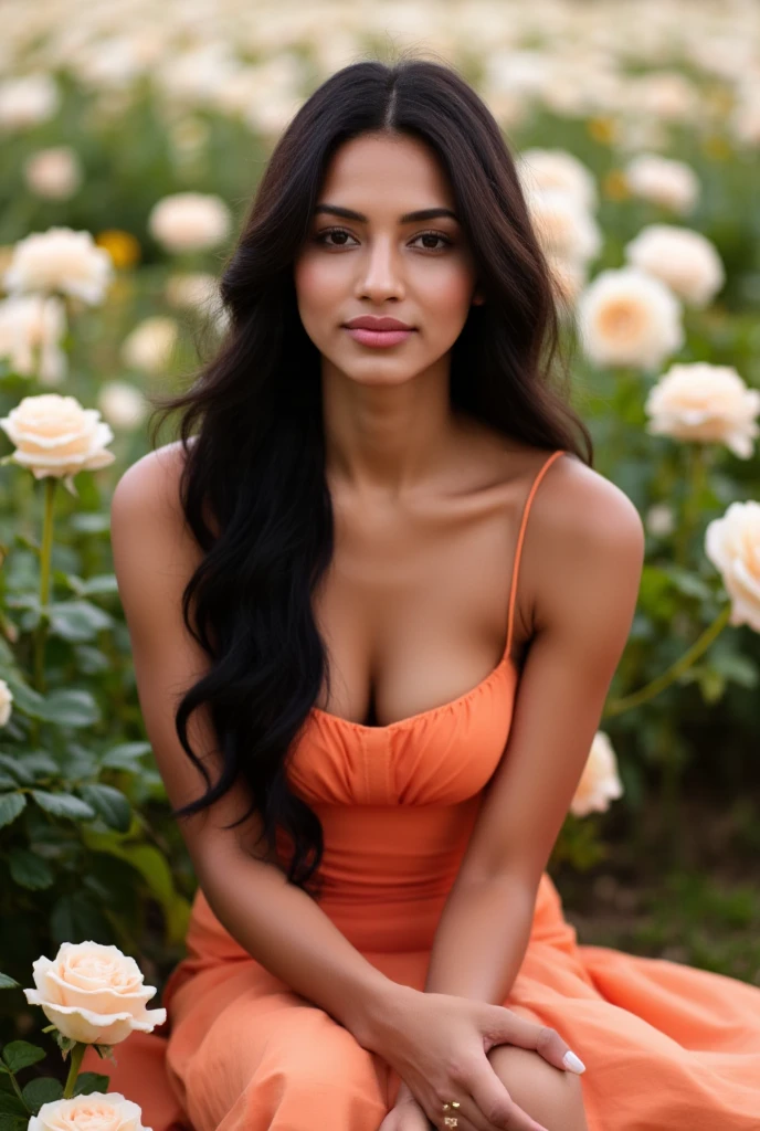 A full body photo of a very beautiful light brown skinned woman with big curves, wearing a tight pink satin dress with a deep neckline and high heels, smiling at the camera as she stands in a garden with arched pastel colored rose bushes. The background is blurred, highlighting her figure. She has long black hair. Her face features soft makeup and she wears large earrings. A real beauty that draws attention to her presence.