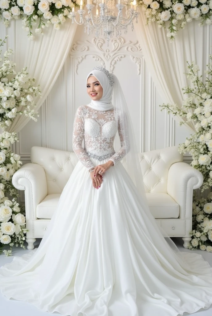 brides in white dresses are sitting on a stone wall, white hijab, veils and jewels, hooded, beautiful wedding dress, very extremely beautiful, wearing translucent veils, beautiful and elegant, wearing a wedding dress, flowing white robes, very beautiful, beautiful, stunning photoshot, exquisite and beautiful, veiled, very magical and dreamy, traditional, beautifully symmetrical